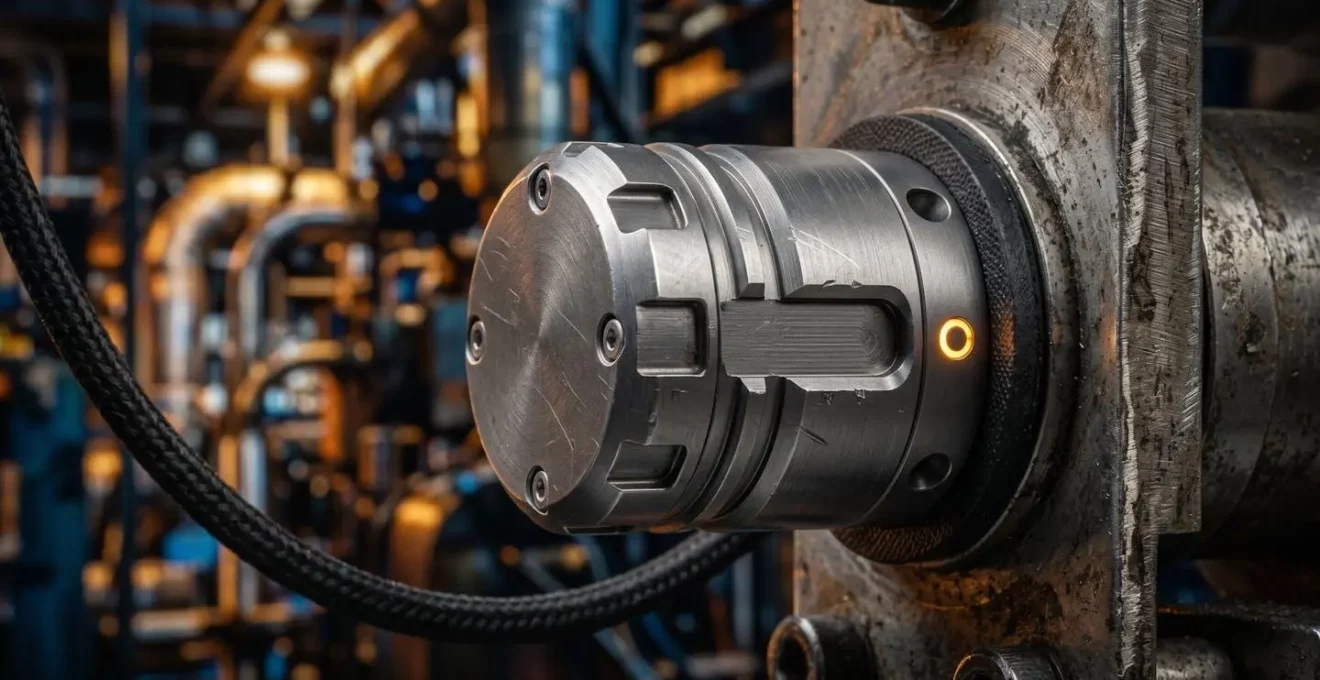 Vue macro d'un capteur IoT industriel intégré à une machine de production pour la maintenance prédictive