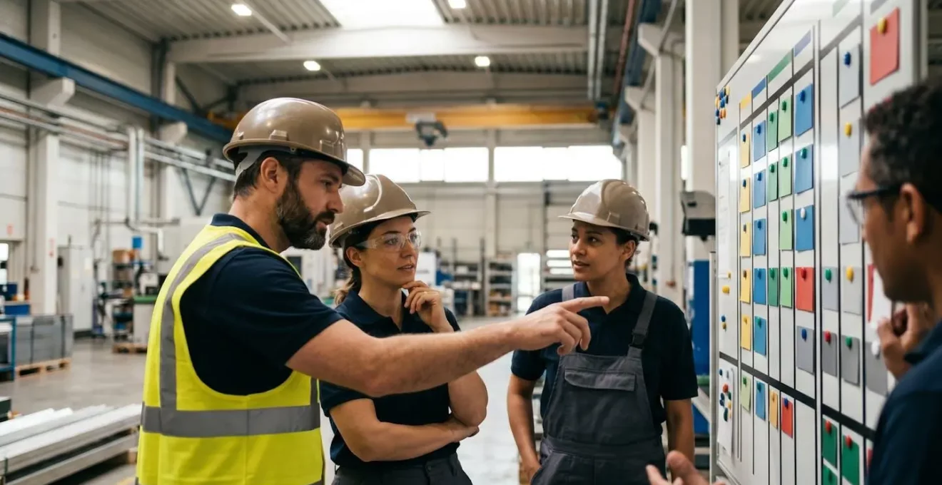Réunion quotidienne d'équipe industrielle devant un tableau de gestion visuelle