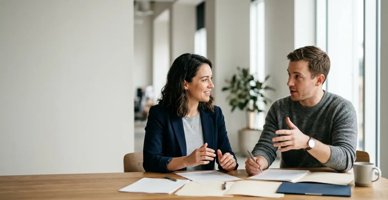 Deux entrepreneurs en discussion strategique autour d'un projet de startup avec documents juridiques
