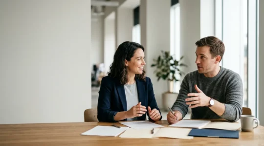 Deux entrepreneurs en discussion strategique autour d'un projet de startup avec documents juridiques