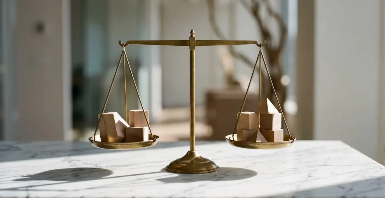 Balance symbolique en équilibre avec des éléments représentant les choix financiers