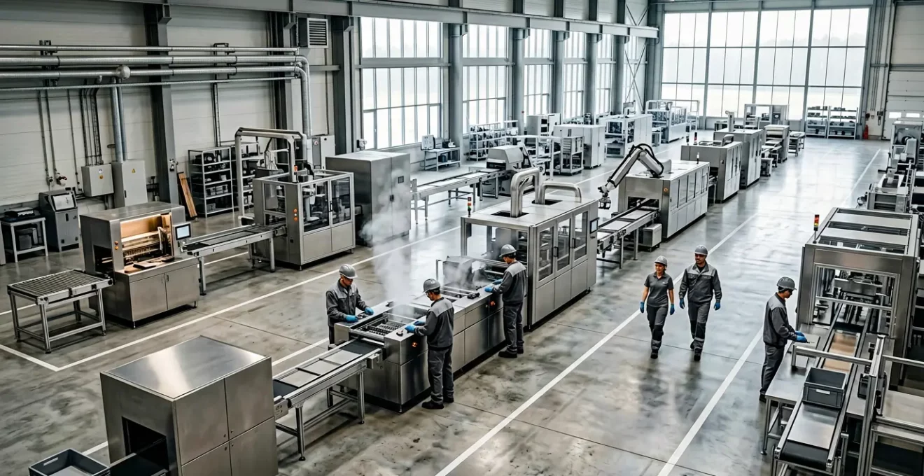Vue d'ensemble d'une usine moderne équipée de technologies lean et efficacité énergétique