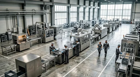 Vue d'ensemble d'une usine moderne équipée de technologies lean et efficacité énergétique