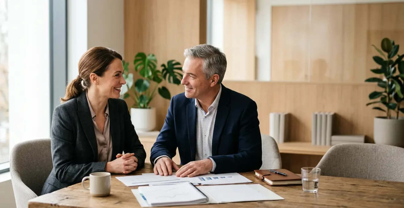 Expert-comptable et dirigeant d'entreprise en discussion stratégique dans un environnement professionnel moderne
