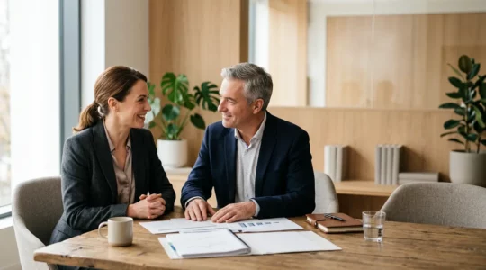Expert-comptable et dirigeant d'entreprise en discussion stratégique dans un environnement professionnel moderne