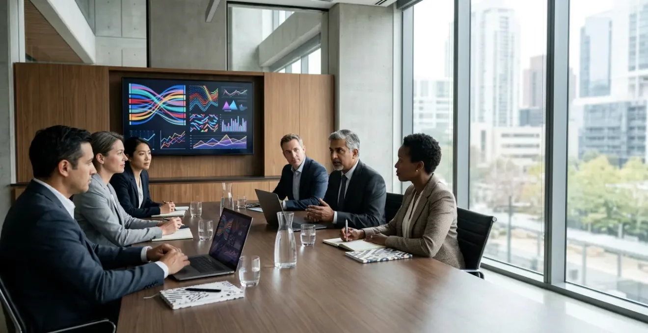 Réunion stratégique de gouvernance avec experts discutant d'innovation et de décisions rapides dans un environnement professionnel moderne