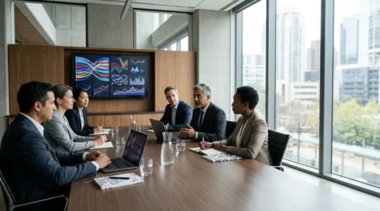 Réunion stratégique de gouvernance avec experts discutant d'innovation et de décisions rapides dans un environnement professionnel moderne