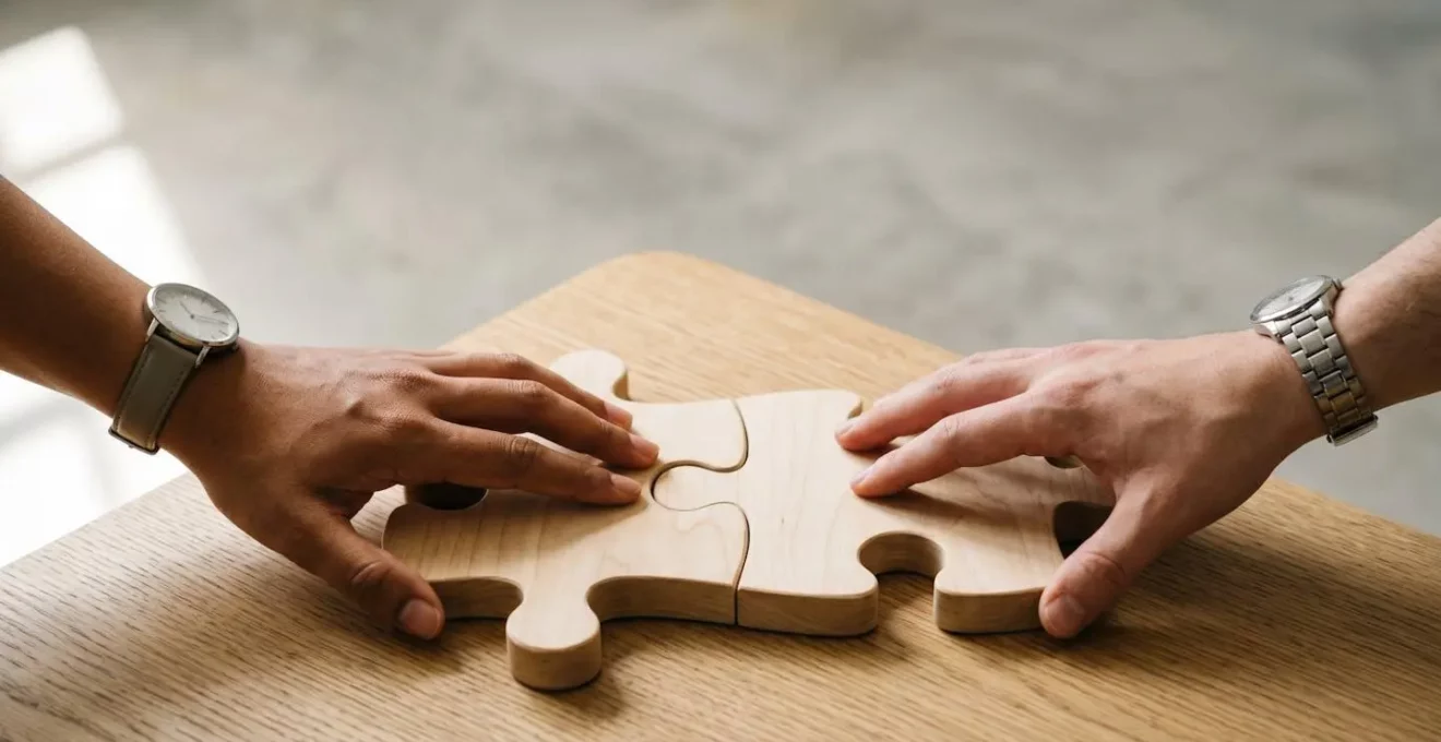 Deux mains de cultures différentes se rejoignant pour assembler des pièces de puzzle complémentaires, symbolisant l'intégration culturelle