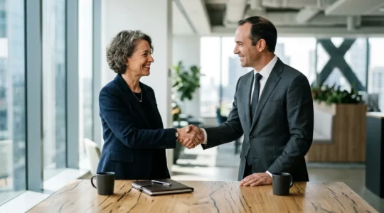 Négociation professionnelle entre dirigeants pour sécuriser un accord commercial stratégique