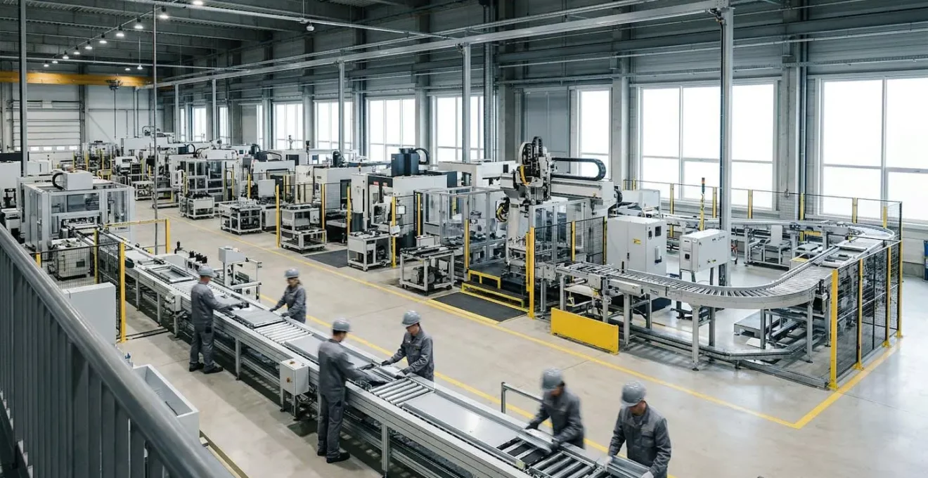 Vue d'ensemble d'une usine industrielle moderne en pleine expansion montrant des lignes de production organisées