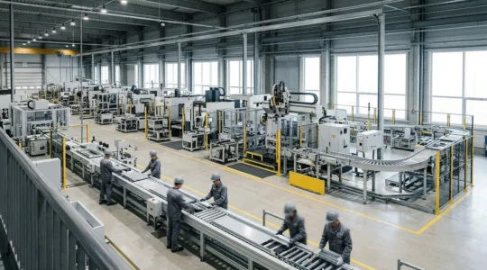 Vue d'ensemble d'une usine industrielle moderne en pleine expansion montrant des lignes de production organisées