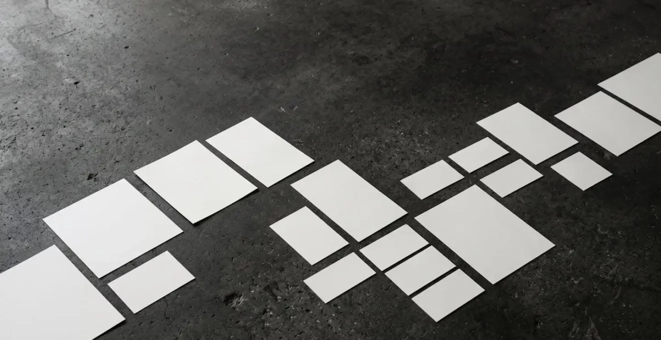 Composition minimaliste évoquant la structure narrative d'une présentation stratégique