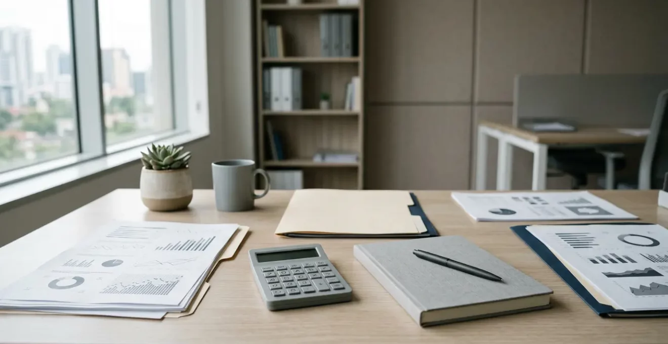 Vue grand angle d'un espace de travail professionnel avec documents financiers et calculatrice dans une lumière naturelle diffuse