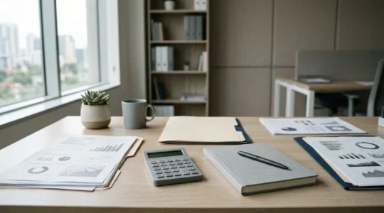 Vue grand angle d'un espace de travail professionnel avec documents financiers et calculatrice dans une lumière naturelle diffuse