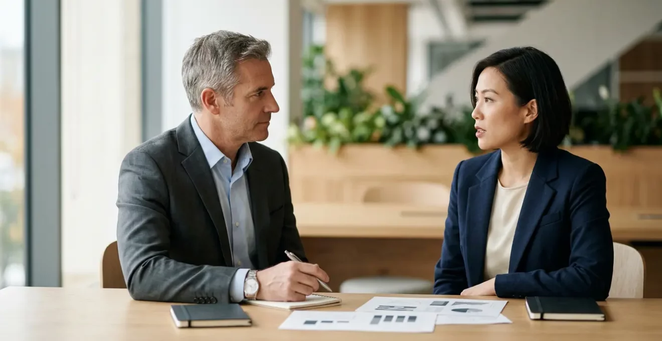 Réunion professionnelle entre entrepreneur et banquier pour présenter un prévisionnel financier