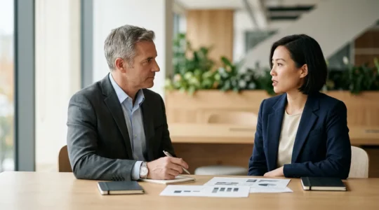Réunion professionnelle entre entrepreneur et banquier pour présenter un prévisionnel financier
