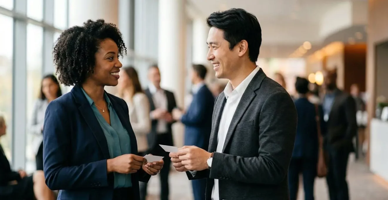 Professionnels en discussion lors d'un événement de networking avec échanges de cartes de visite