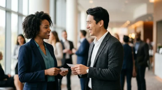 Professionnels en discussion lors d'un événement de networking avec échanges de cartes de visite