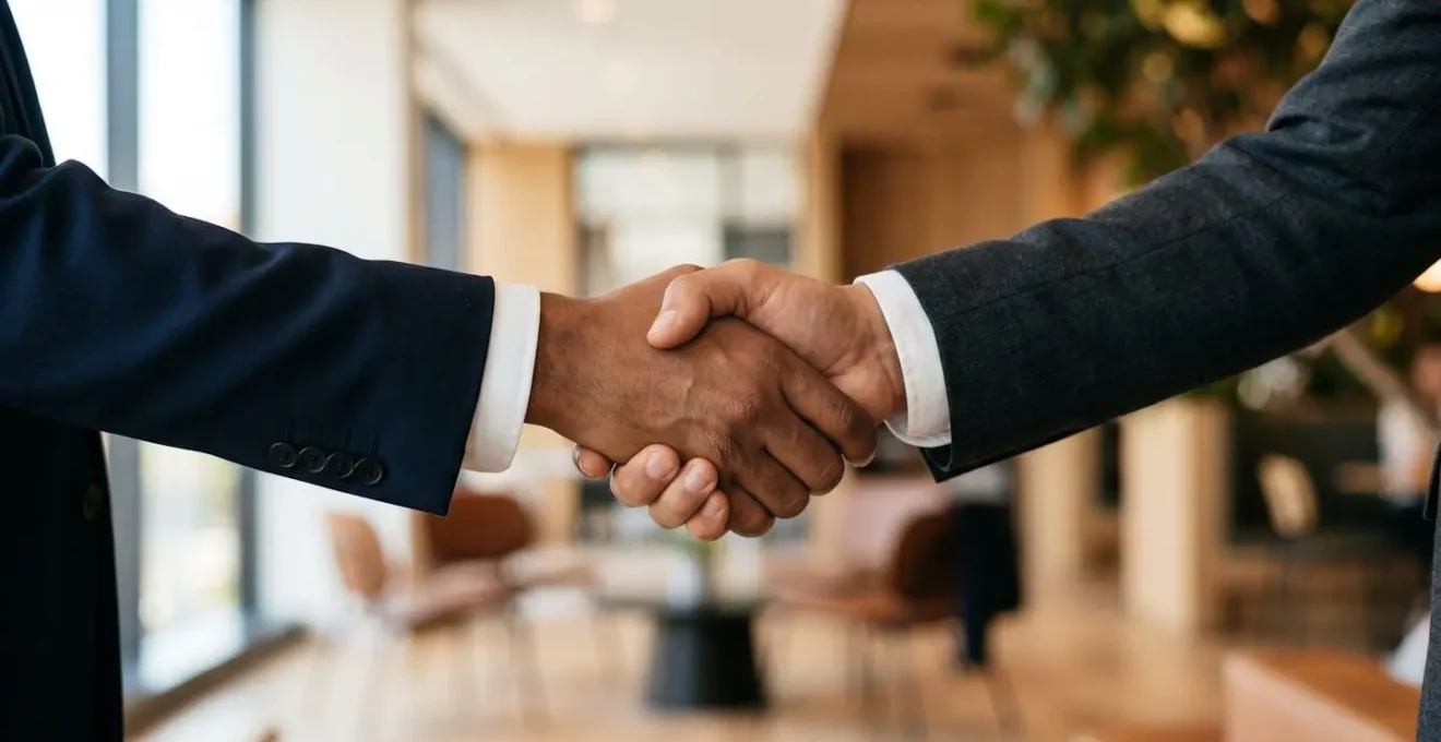 Moment d'échange professionnel illustrant le maintien de relations positives avec les anciens collaborateurs