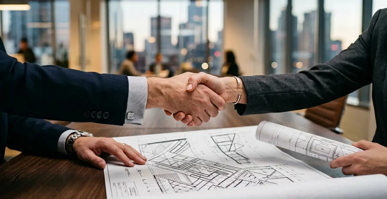 Deux professionnels en costume se serrant la main devant une table de négociation, symbolisant un partenariat d'affaires stratégique