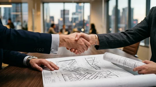 Deux professionnels en costume se serrant la main devant une table de négociation, symbolisant un partenariat d'affaires stratégique