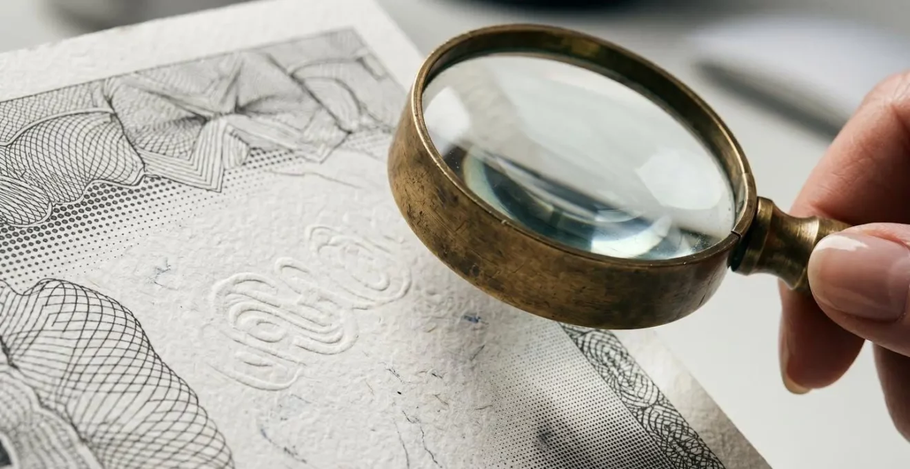 Main vérifiant l'authenticité d'un document officiel avec loupe sur bureau professionnel