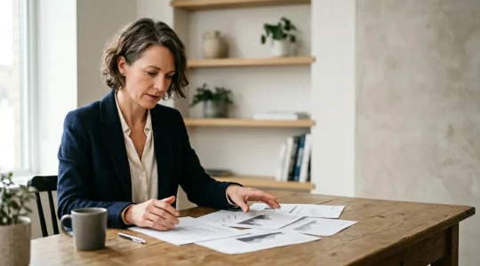 Professionnel concentré analysant des documents administratifs dans un bureau lumineux