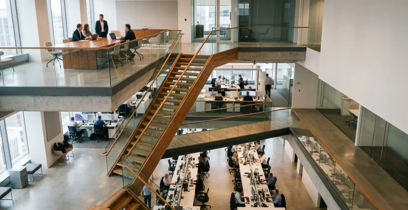 Cascade d'objectifs stratégiques se déployant du dirigeant vers l'équipe dans un environnement professionnel moderne